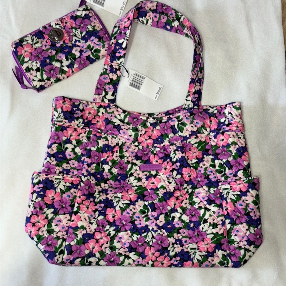 Vera Bradley Flower Garden Print Pleated Tote Bag with RFID Turnlock Wallet